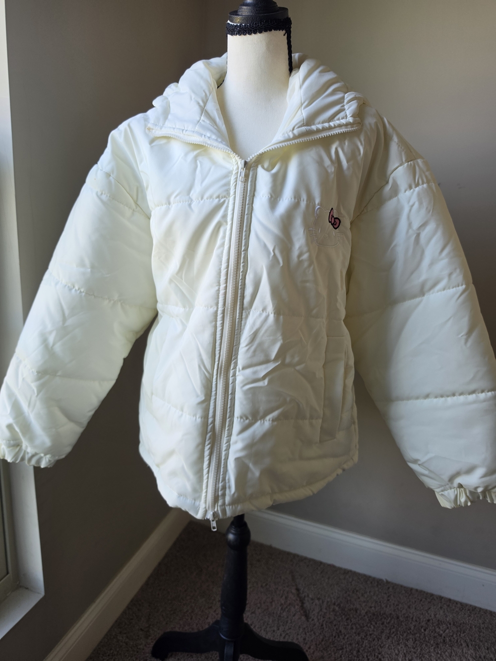 Hello Kitty Cream Hooded Puffer Jacket with Ears Embroidered Back Saguo Size 2